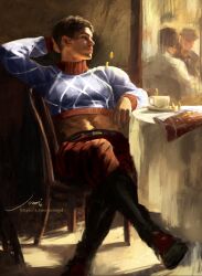  animal_print argyle_clothes argyle_hat argyle_sweater arm_behind_head arm_up black_boots blue_sweater boots brown_hair chair commentary crop_top crossed_legs cup guido_mista hat highres indoors jojo_no_kimyou_na_bouken jomijjd long_sleeves midriff mini_person on_chair pants print_pants profile realistic sex_pistols_(stand) short_hair sitting stand_(jojo) sweater symbol-only_commentary table tiger_print tiger_print_pants turtleneck turtleneck_sweater unworn_hat unworn_headwear vento_aureo yunomi 