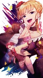  1boy 1girl :d beatrice_(umineko) belt black_choker black_dress black_necktie blonde_hair blue_eyes blunt_bangs braid braided_bun bug butterfly choker collared_shirt commentary_request dress dress_shirt evil_smile eyelashes flower frilled_choker frilled_sleeves frills full_body glowing_butterfly hair_bun hair_flower hair_ornament hand_up highres index_finger_raised juliet_sleeves laughing light_particles lips long_sleeves looking_at_viewer marutenmaruten necktie ojou-sama_pose open_mouth pants partial_commentary pointing puffy_sleeves red_flower red_hair red_shirt shirt simple_background single_hair_bun slit_pupils smile suit teeth umineko_no_naku_koro_ni upper_body upper_teeth_only ushiromiya_battler v-shaped_eyebrows white_background white_pants white_suit wide_sleeves yellow_butterfly 