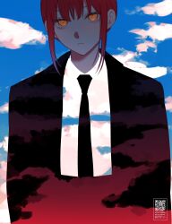  1girl absurdres black_coat black_necktie blue_sky chainsaw_man closed_mouth clouds cloudy_sky coat gm_gn8 highres looking_at_viewer makima_(chainsaw_man) necktie orange_eyes qr_code red_hair ringed_eyes shirt sidelocks sky solo white_shirt 