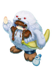  1girl absurdres banana braid brown_hair darkstalkers food fruit highres nojob_hiro red_eyes sasquatch_(darkstalkers) simple_background snowman twin_braids white_background yeti_costume 