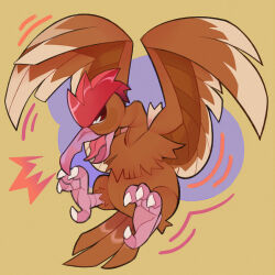  abstract_background beak bird brown_feathers fearow feathered_wings feathers full_body highres no_humans open_mouth pokemon pokemon_(creature) solo southpauz talons tongue wings 