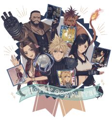  234_(1234!) 2girls 3boys aerith_gainsborough arm_cannon armor barret_wallace black_gloves black_hair blonde_hair blue_eyes blush breasts brown_hair brown_vest chocobo closed_mouth cloud_strife collarbone commentary_request crop_top dark-skinned_male dark_skin dress facial_hair final_fantasy final_fantasy_vii final_fantasy_vii_remake fingerless_gloves fire flame-tipped_tail gloves green_eyes grin hair_ribbon highres holding holding_trophy jacket jewelry long_hair looking_at_viewer medium_breasts midriff moogle mouth_hold multiple_boys multiple_girls necklace open_mouth orange_fur parted_bangs pink_dress pink_ribbon red_eyes red_jacket red_xiii ribbon scar scar_on_face short_hair shoulder_armor sleeveless sleeveless_turtleneck smile sparkle spiky_hair suspenders sweater swept_bangs tail tank_top tifa_lockhart trophy turtleneck turtleneck_sweater upper_body vest weapon white_tank_top 