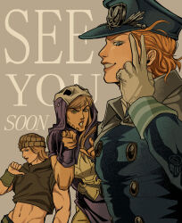  3boys beanie beard blonde_hair blue_coat blue_eyes blue_hat brown_hair brown_hat brown_hoodie cape coat cropped_hoodie diego_brando english_commentary english_text executioner_hood facial_hair gloves grey_cape grey_gloves gyro_zeppeli gyro_zeppeli_(executioner) hat highres hood hood_down hoodie johnny_joestar jojo_no_kimyou_na_bouken male_focus midriff mikibagels military_hat military_uniform multiple_boys navel official_alternate_costume orange_hair pointing pointing_at_self pointing_at_viewer purple_hat purple_shirt shirt steel_ball_run v 