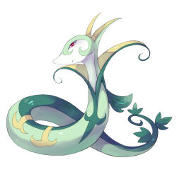  1other commentary facing_to_the_side green_trim leaf looking_at_viewer pokemon pokemon_(creature) pokemon_focus red_eyes serperior slit_pupils snake snake_tail solo tail turning_head white_background yellow_trim zoiyon 