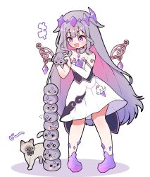  &gt;_&lt; 1girl :d absurdres ankle_boots armlet bare_shoulders black_corset blush_stickers boots cat center-flap_bangs chest_jewel circlet colored_inner_hair corset detached_collar detached_sleeves detached_wings ditto double-parted_bangs dress english_commentary eyebrows_hidden_by_hair forehead_jewel gem gradient_hair grey_hair hair_flaps hand_jewel headpiece highres hololive hololive_english jewel_under_eye jewelry john_cat_(koseki_bijou) koseki_bijou koseki_bijou_(1st_costume) long_hair medium_dress multicolored_hair pebble_(koseki_bijou) pink_hair pleated_dress pokemon purple_boots purple_gemstone purple_hair shutowl sidelocks simple_background single_detached_sleeve smile solo stack stacking strapless strapless_dress transformed_ditto underbust very_long_hair violet_eyes virtual_youtuber waist_cape white_background white_dress white_sleeves wings x_x 