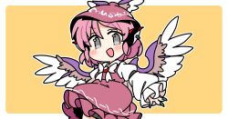  1girl :d animal_ears bird_ears bird_girl bird_wings blush border bow bowtie brown_dress brown_hat chibi chibi_only collared_shirt commentary cowboy_shot dress earrings grey_eyes hat ini_(inunabe00) jewelry long_sleeves looking_at_viewer mystia_lorelei open_mouth outline outside_border pink_hair shirt short_hair simple_background single_earring smile solo touhou v-shaped_eyebrows white_border white_bow white_bowtie white_outline white_shirt winged_hat wings yellow_background 