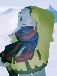  1boy androgynous blue_eyes blue_hair blue_pants commentary_request contrapposto covered_mouth eyelashes gloves grusha_(pokemon) highres jacket leirion5 male_focus medium_hair mountain multicolored_scarf outdoors pants parted_bangs pokemon pokemon_sv scarf snow solo standing winter_clothes yellow_jacket 