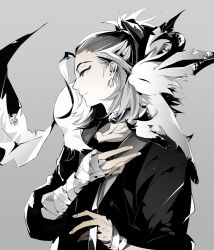  1boy adaman_(pokemon) bandaged_arm bandages closed_mouth coat coldiron collar collarbone earrings eyebrow_cut eyeshadow grey_background greyscale hair_pulled_back half_updo hand_up highres holding_bandages jewelry leafeon looking_to_the_side makeup male_focus monochrome multicolored_hair on_shoulder pokemon pokemon_(creature) pokemon_legends:_arceus pokemon_on_shoulder ponytail profile shirt short_ponytail simple_background smile solo spot_color upper_body 