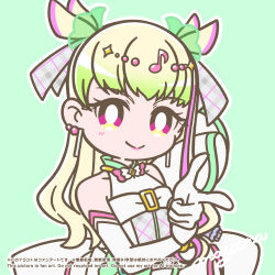  1girl artist_name bare_shoulders blonde_hair blunt_bangs bracelet bright_pupils choker closed_mouth collarbone commentary cure_zukyuun dress earrings eighth_note elbow_gloves finger_gun frilled_ribbon frills gingham_dress gloves gold_bracelet gradient_hair green_background green_hair green_theme hair_extensions hair_ornament hair_wings heart heart-shaped_lock highres idol jewelry kimi_to_idol_precure lips lipstick long_hair looking_at_viewer magical_girl makeup mayena multicolored_hair multiple_earrings musical_note musical_note_hair_ornament no_nose outline pearl_earrings pink_eyes pink_lips pink_streaks precure puffy_dress puffy_sleeves purirun_(civilian)_(precure) purirun_(precure) ribbon ribbon_choker signature single_bare_shoulder single_sleeve_cuff single_wide_sleeve sleeveless sleeveless_dress smile solo split_mouth upper_body white_dress white_gloves white_outline white_pupils wing_hair_ornament 
