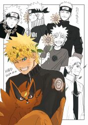  :o blonde_hair blue_eyes boruto:_naruto_next_generations closed_eyes collared_cape commentary_request dated facial_mark flower forehead_protector grin head_wreath highres holding holding_flower kitsune kurama_(naruto) leaf multiple_persona naruto:_the_last naruto_(classic) naruto_(series) naruto_shippuuden notane_n one_eye_closed orange_pants pants partially_colored signature smile sparkle sunflower uzumaki_naruto whisker_markings 