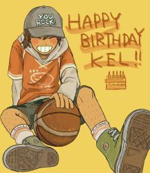  1boy ball baseball_cap basketball_(object) blush character_name closed_eyes dark-skinned_male dark_skin green_shoes grey_hat grin hair_between_eyes happy_birthday hashtag-only_commentary hat highres holding holding_ball hood hoodie kel_(birthday)_(omori) kel_(faraway)_(omori) kel_(omori) long_sleeves looking_at_viewer male_focus omori open_mouth orange_hoodie shoes short_hair simple_background sitting smile sneakers socks solo teeth uowhx white_socks yellow_background 