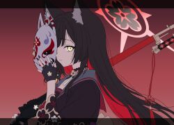  1girl animal_ears black_kimono blue_archive brown_hair choker fingerless_gloves floral_print floral_print_kimono flower_choker fox_ears fox_girl fox_mask gloves gradient_background gun halo highres holding holding_gun holding_mask holding_weapon honyara-san japanese_clothes kimono long_sleeves looking_at_viewer mask multicolored_hair print_kimono red_background red_hair red_halo rifle two-tone_hair wakamo_(blue_archive) weapon wide_sleeves yellow_eyes 