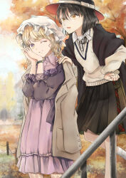  2girls :d alternate_costume autumn autumn_leaves black_skirt blonde_hair brown_eyes brown_hair buttons clothing_request coat collar cover cover_page dress falling_leaves frills grin hand_on_another&#039;s_shoulder hand_on_own_cheek hand_on_own_face hand_on_own_hip happy hat highres leaf long_sleeves maribel_hearn mob_cap multicolored_eyes multiple_girls one_eye_closed own_hands_together poteimo_(poteimo622) puffy_long_sleeves puffy_sleeves purple_collar purple_dress revision shirt skirt smile standing standing_on_one_leg textless_version touhou tree two-tone_eyes usami_renko violet_eyes watch watch white_collar white_hat white_shirt yellow_eyes 
