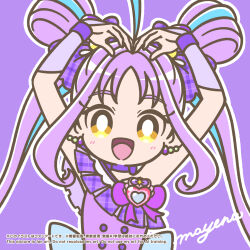  1girl :d ahoge arms_up artist_name back_bow blue_bow blue_hair blue_streaks bow bow_choker bright_pupils brooch buttons chest_bow choker collarbone commentary cure_kyunkyun double-breasted double_bun dress dress_bow earrings hair_bow hair_bun hair_intakes heart heart_arms heart_brooch highres idol idol_heart_brooch_(precure) jewelry kimi_to_idol_precure long_hair looking_at_viewer magical_girl mayena multicolored_hair no_nose off-shoulder_dress off_shoulder open_mouth outline precure purple_background purple_bow purple_choker purple_dress purple_hair purple_theme purple_thighhighs purple_wrist_cuffs shigure_kokoro signature single_bare_shoulder sleeveless sleeveless_dress smile solo split_mouth streaked_hair teardrop_earrings thigh-highs twintails two-tone_hair upper_body very_long_hair white_outline white_pupils wrist_cuffs yellow_eyes 