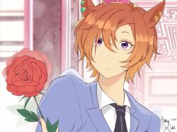  1girl androgynous animal_ears artist_name black_necktie blazer blue_jacket closed_mouth collared_shirt commentary cosplay crown dated derivative_work ear_ornament english_commentary european_architecture flower hair_between_eyes highres holding holding_flower horse_ears horse_girl indoors jacket lapels mini_crown necktie notched_lapels orange_hair ouran_high_school_host_club ouran_high_school_uniform phellychescake red_flower red_rose rose school_uniform screenshot_background shirt short_hair signature solo suou_tamaki suou_tamaki_(cosplay) t.m._opera_o_(umamusume) trait_connection umamusume upper_body violet_eyes white_shirt 