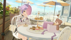  1girl absurdres benghuai_xueyuan black_choker blue_sky blush box building cake cake_slice chair choker city clouds commentary_request cropped_sweater cupcake dating day dessert english_text fishnets flower food fork hair_over_one_eye hand_on_own_face head_rest highres holding holding_fork honkai_(series) long_sleeves looking_at_viewer multicolored_hair open_mouth outdoors pink_hair plant plate purple_hair sharp_teeth short_hair sign sin_mal sin_mal0909 sitting sky smile solo split-color_hair stuffed_animal stuffed_toy sweater table teddy_bear teeth two-tone_hair umbrella upper_teeth_only white_sweater yellow_eyes 