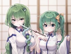  2girls blush closed_mouth cosplay daiyousei detached_sleeves frog_hair_ornament gohei green_eyes green_hair hair_ornament hair_ribbon highres kochiya_sanae kochiya_sanae_(cosplay) long_hair long_sleeves matching_outfits multiple_girls pudding_(skymint_028) ribbon shirt smile touhou white_shirt yellow_ribbon 
