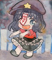  1girl black_hair black_skirt blue_eyes chibi chibi_only commentary_request full_body hat hat_ornament highres jiangshi looking_at_viewer miyako_yoshika newsboy_cap ofuda open_mouth outstretched_arms painting_(medium) pppppks purple_hat red_shirt sharp_teeth shirt short_hair skirt smile solo standing star_(symbol) star_hat_ornament teeth tombstone touhou traditional_media watercolor_(medium) zombie_pose 