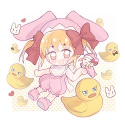  >_< 2girls animal_ear_headwear animal_ears back_bow bare_arms bare_shoulders bib blonde_hair blush_stickers boots border bow brown_eyes chibi chinese_commentary commentary_request dear_baby fake_animal_ears floppy_ears gradient_background guardian_chara hair_between_eyes hair_bow happy hat heart highres holding_chibi large_bow magical_girl mini_person minigirl multiple_girls onesie open_mouth outline outside_border pepe_(shugo_chara!) pink_boots pink_hat pink_outline pink_romper polka_dot polka_dot_background quqi_xiao_shuang rabbit rabbit_ears red_bow romper rubber_duck short_hair short_twintails shugo_chara! sidelocks size_difference smile tareme twintails two-tone_background white_background white_border white_bow yellow_background yuiki_yaya 