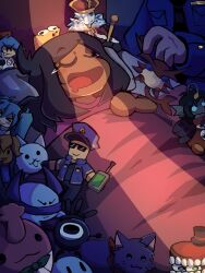  1boy 1girl :d antenna_hair artist_self-insert bare_arms black_hair black_necktie blue_shirt boyfriend_(friday_night_funkin') caine_(the_amazing_digital_circus) cat_(nyanko_daisensou) character_doll character_request closed_eyes commander_(tower_defense_simulator) commentary copyright_request cowboy_shot crack_of_light dark-skinned_female dark_skin doll drooling english_commentary fewer_digits film_grain friday_night_funkin' hand_up hatsune_miku highres long_sleeves lying medium_hair mouth_drool necktie nyanko_daisensou on_back open_mouth original pink_shirt pocket pressure_(roblox) roblox sebastian_solace shirt short_sleeves sleeping smile solo_focus sts_piaesaya the_amazing_digital_circus tongue tower_defense_simulator u_u under_covers vocaloid 