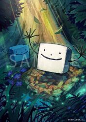  arms_up character_request check_character commentary_request copyright_notice dappled_sunlight falling_leaves kuroi_susumu kuzuha_(nijisanji) leaf light_particles nature nijisanji no_humans official_art sample_watermark smile sunlight tree virtual_youtuber watermark 