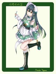  1girl absurdres apron bare_shoulders black_corset bonnet boots breasts character_name closed_mouth collar colored_inner_hair corset crossed_bangs detached_sleeves fish floral_print floral_print_kimono flower-shaped_pupils flower_hairpin flower_knot frilled_bonnet frilled_collar frilled_skirt frilled_socks frilled_thigh_strap frills from_above full_body green_background green_boots green_eyes green_hair green_kimono green_ribbon green_tail hair_ribbon highres holding holding_toothbrush japanese_clothes kimono kimono_skirt knee_boots kneehighs lace-up_boots lizard_tail long_hair long_sleeves looking_at_viewer maid_apron multicolored_hair neck_ribbon nijisanji obiage obijime print_kimono ribbon simple_background skirt small_breasts socks solo standing standing_on_one_leg symbol-shaped_pupils tail tail_under_clothes tassel thigh_strap togawa_nonoha toothbrush user_avhy4772 virtual_youtuber w_arms waist_apron white_bonnet white_ribbon white_sleeves 