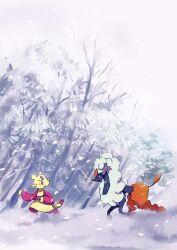  commentary_request full_body furfrou furfrou_(diamond) looking_back mienfoo open_mouth outdoors pokemon pokemon_(creature) red_eyes snow snowing tree white_background wide_shot winter yuge_king 