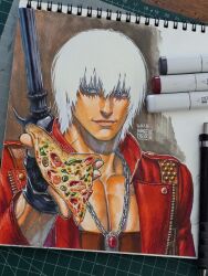  1boy 2025 art_tools_in_frame black_gloves blue_eyes closed_mouth coat collarbone commentary dante_(devil_may_cry) devil_may_cry_(series) devil_may_cry_3 fingerless_gloves food gloves hair_between_eyes high_collar highres holding holding_food holding_pizza jewelry looking_at_viewer male_focus marker marker_(medium) maya_panda muscular muscular_male necklace open_clothes open_coat pectorals photo_(medium) pizza pizza_slice red_coat signature smile solo sword sword_on_back symbol-only_commentary traditional_media upper_body weapon weapon_on_back white_hair zipper 