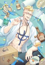  1boy anchor_tattoo bandages beard_stubble blonde_hair box collared_shirt commentary facial_hair feathers first_aid_kit glasses holding holding_stethoscope male_focus marco_(one_piece) medicine one_piece shadow shirt short_hair smile solo stethoscope stubble syringe tattoo white_shirt yoshicha 
