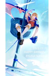  1boy absurdres bird blonde_hair boots cape character_name dated dove dr._stone full_body grin hair_between_eyes happy_birthday hat highres holding jacket looking_at_viewer male_focus nanami_ryuusui outdoors pants red_eyes red_shirt shirt short_hair short_sleeves sitting sky smile solo sys_rc unworn_hat unworn_headwear white_pants 