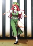  1girl :o balancing china_dress chinadress chinese_clothes female hat highres hong_meiling large_breasts long_hair mokku open_mouth red_hair redhead ribbon ribbons solo touhou 