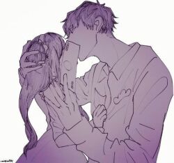  1boy 1girl arm_behind_head bad_id bad_pixiv_id chibimi clenched_hands hair_ribbon holding holding_money implied_kiss kei_(logthro) lowres matsuno_ichimatsu money osomatsu-san osomatsu_(series) ribbon white_background 