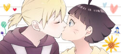  1boy 1girl ahoge black_hair black_hoodie blonde_hair blue_eyes boruto:_naruto_next_generations commentary_request earrings hetero hood hoodie jewelry kiss naruto_(series) ponytail short_ponytail stud_earrings toco_(love-hmhm-tocotoco) uzumaki_himawari yamanaka_inojin 