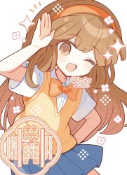  1girl ;d arm_up blue_skirt blunt_bangs blush bow bowtie brown_eyes brown_hair collared_shirt commentary_request cowboy_shot double-parted_bangs hairband hand_on_own_hip highres inazuma_eleven_(series) inazuma_eleven_go long_hair looking_at_viewer nanobana_kinako one_eye_closed open_mouth orange_bow orange_bowtie orange_hairband pleated_skirt shirocha_tei shirt short_sleeves simple_background skirt smile solo twitter_username vest watermark white_background white_shirt yellow_vest 
