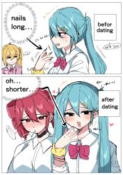  3girls akita_neru black_choker blonde_hair blue_hair blue_nails blush bow bowtie choker collared_shirt commentary dore2801 drill_hair ear_piercing english_commentary english_text fang fingernails hatsune_miku heart highres kasane_teto long_fingernails multiple_girls open_mouth piercing pink_bow pink_bowtie pink_sweater red_eyes red_hair school_uniform shirt side_ponytail simple_background smile sparkle speech_bubble sweat sweater triple_baka_(vocaloid) twin_drills twintails utau vocaloid white_background white_shirt yuri 