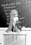  blackboard blindfold chalkboard classroom_eraser desk dress fate/stay_night fate_(series) long_hair looking_back monochrome parody rider sitting strapless_dress very_long_hair 