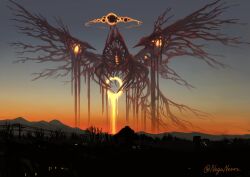  abstract absurdres creature giant giant_monster halo highres keselum_(neganeura) monster monster_focus no_humans original scenery sky sunset wings 