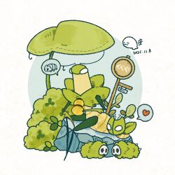  1boy arthropod_boy bell_beast_(hollow_knight) cogfly_(hollow_knight) colored_skin dated empty_eyes english_commentary gourd green_prince_(hollow_knight) green_skin heart highres holding holding_gourd hollow_knight hollow_knight:_silksong image_in_speech_bubble insomnine111 mantis_boy mossgrub_(hollow_knight) on_rock robot sitting spikes spoken_heart white_eyes white_mask 