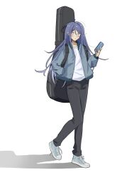  1girl black_hair black_pants blue_eyes blue_shoes blush cellphone closed_mouth collarbone ena_25ji full_body guitar_case hair_between_eyes hand_in_pocket hand_up highres holding holding_phone hoshino_ichika_(project_sekai) instrument_case jacket long_hair long_sleeves looking_at_viewer open_clothes open_jacket pants phone project_sekai round_collar shadow shirt shoes sidelocks simple_background smartphone sneakers solo standing t-shirt untied_shoelaces walking white_background white_shirt 