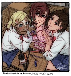  3girls applying_makeup ayase_momo black_choker blonde_hair blue_eyes blue_skirt bow bowtie brown_eyes brown_hair camera choker closed_mouth collared_shirt crossed_bangs dandadan dark-skinned_female dark_skin dated desk earrings elbow_rest friends ganguro gyaru gyaru_makeup hair_between_eyes hair_bun hair_ornament hairclip hand_on_own_cheek hand_on_own_face head_rest indoors jewelry kami_high_school_uniform lips looking_at_viewer makeup makeup_brush miko_(dandadan) miniskirt mixed-language_commentary muko_(dandadan) multiple_girls photo-referenced pink_sweater pleated_skirt red_bow red_bowtie school_desk school_uniform shirt shirt_under_sweater shock777 short_hair signature sitting skirt sweater twintails twitter_username white_shirt 