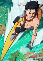  1boy arm_tattoo artist_name black_hair black_shorts bracelet commentary freckles from_above full_body hat highres jewelry majimartbcn male_focus necklace one_piece open_mouth orange_hat pearl_necklace portgas_d._ace short_hair shorts smile solo tattoo topless_male 