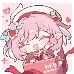  1girl :d box braid braided_bangs breasts chibi chibi_only closed_eyes commentary commentary_request elysia_(hi_love_elf)_(honkai_impact) elysia_(honkai_impact) facing_viewer gloves happy_birthday hat heart highres honkai_(series) honkai_impact_3rd in_box in_container long_hair medium_breasts open_mouth partial_commentary pink_background pink_gloves pink_hair pointy_ears rasarasu single_glove smile solo twitter_username waving white_hat 