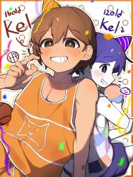 2boys arrow_(symbol) ball basketball_(object) blush bright_pupils brown_eyes brown_hair character_name collarbone colored_skin commentary confetti dark-skinned_male dark_skin dated_commentary double-parted_bangs dual_persona english_commentary grin hair_between_eyes hat hector_(omori) highres holding holding_ball kel_(faraway)_(omori) kel_(headspace)_(omori) kel_(omori) looking_at_viewer male_focus multiple_boys omiriomiri omori open_mouth party_hat purple_hair purple_shorts short_hair shorts sitting smile teeth violet_eyes white_pupils white_skin 