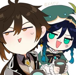  2boys anger_vein antenna_hair beret black_bow black_bowtie black_hair blue_hair blush bow bowtie braid brown_coat brown_eyes brown_hair cape chibi chibi_only chinese_commentary coat collared_cape collared_shirt cup earrings flower frilled_shirt frilled_sleeves frills gem genshin_impact gradient_hair green_cape green_eyes green_hat hair_between_eyes hat hat_flower highres holding holding_cup jacket jewelry kayu_(yukagoin) leaf long_hair long_sleeves looking_at_another looking_to_the_side low_ponytail male_focus mug multicolored_hair multiple_boys open_mouth ponytail shirt short_hair_with_long_locks side_braids simple_background single_earring smile sweatdrop tassel tassel_earrings triangle_mouth twin_braids twitter_username two-tone_hair venti_(genshin_impact) white_background white_flower white_shirt zhongli_(genshin_impact) 