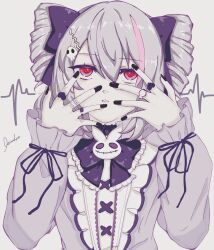  1girl black_bow black_nails bow cardiogram commentary_request drill_hair frilled_bow frills grey_hair grey_shirt hair_between_eyes hair_bow hair_ornament hairclip hands_up highres honkai_(series) honkai_impact_3rd kinoko_(kinopio_1018) long_sleeves multicolored_hair nail_polish pale_skin parted_lips pink_hair prometheus_(honkai_impact) puffy_long_sleeves puffy_sleeves red_eyes shirt signature skull_hair_ornament sleeves_past_wrists solo streaked_hair twin_drills twintails upper_body 