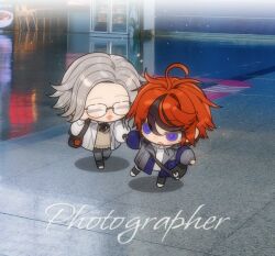  2boys ahoge alternate_costume aotsuki_eito bag_charm black_bag black_boots black_hair black_pants black_ribbon blue_coat blue_eyes blush_stickers boots brown_sweater_vest character_charm charm_(object) chibi chibi_only chinese_commentary closed_eyes coat commentary_request drawstring english_text fang film_grain grey_coat grey_hair hair_between_eyes hood hood_down hoodie lapels light_particles long_sleeves male_focus multicolored_coat multicolored_hair multiple_boys neck_ribbon notched_lapels open_clothes open_coat open_mouth pants photo_background red_hair ribbon shirt shoes short_hair smile streaked_hair sumino_takumi sweater_vest syuu_1125 the_hundred_line_-last_defense_academy- thigh_strap two-tone_coat two-tone_hair white_coat white_hoodie white_shirt white_shoes 