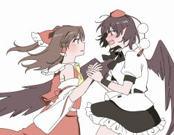  2girls ascot bird_wings black_bow black_bowtie black_skirt blush bow bowtie brown_hair brown_wings chest_sarashi collared_shirt commentary_request detached_sleeves eye_contact frilled_bow frilled_hair_tubes frills hair_bow hair_tubes hakurei_reimu hand_grab hat long_hair looking_at_another multiple_girls open_mouth pointy_ears pom_pom_(clothes) red_bow red_eyes red_hat red_skirt sakic43899 sarashi shameimaru_aya shirt short_sleeves skirt skirt_set tokin_hat touhou white_shirt wings yuri 