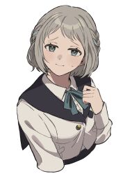  1girl black_sailor_collar commentary_request english_commentary gakuen_idolmaster grey_hair highres idolmaster jacket katsuragi_lilja looking_at_viewer mixed-language_commentary sailor_collar short_hair simple_background solo upper_body white_background white_jacket yureru_300 