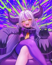  1girl absurdres bird bird_on_hand braid collar commentary couch crossed_legs crow_(la+_darknesss) demon_girl demon_horns english_commentary fang grey_hair highres hololive horns la+_darknesss long_hair metal_collar multicolored_hair open_mouth paint_splatter paint_splatter_on_face petite pietrosatou pointy_ears purple_hair purple_horns single_thighhigh sitting sleeves_past_fingers sleeves_past_wrists smile solo streaked_hair striped_horns thigh-highs two-tone_hair very_long_hair virtual_youtuber yellow_eyes 