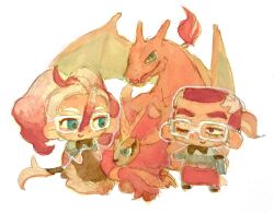  1boy 1girl alkali0029lnp apron black_bow black_bowtie blue_eyes bow bowtie c: charizard chibi chibi_only glasses gradient_hair griselle_(pokemon) grisham_(pokemon) hair_between_eyes hair_pulled_back hashtag-only_commentary highres looking_at_another lower_eyelashes_only multicolored_hair one_eye_closed orange_theme pokemon pokemon_(creature) pokemon_legends:_z-a ponytail pyroar pyroar_(male) red_apron red_eyes red_hair short_ponytail smile split_ponytail thick_eyebrows traditional_media two-tone_hair waist_apron wavy_hair white-framed_eyewear white_hair 